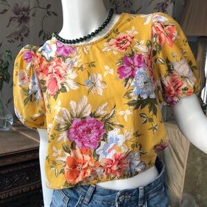 Rachel Roy pretty floral crop blouse top Puff sleeve Yellow Pink Blue Irange